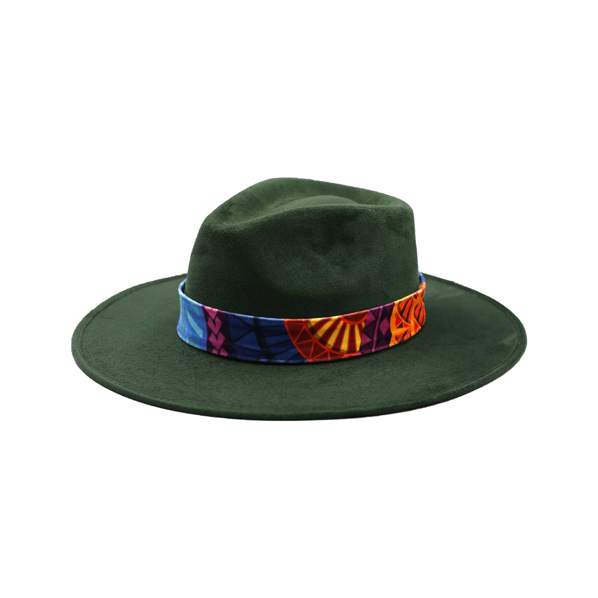 Ciemnozielony kapelusz Fedora z kolorową opaską i piórami - wzór 2