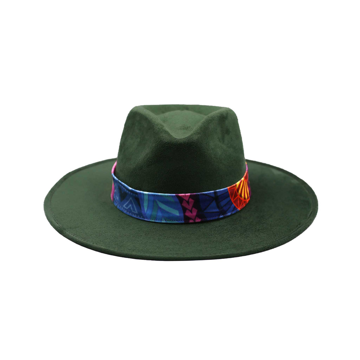 Ciemnozielony kapelusz Fedora z kolorową opaską i piórami - wzór 2