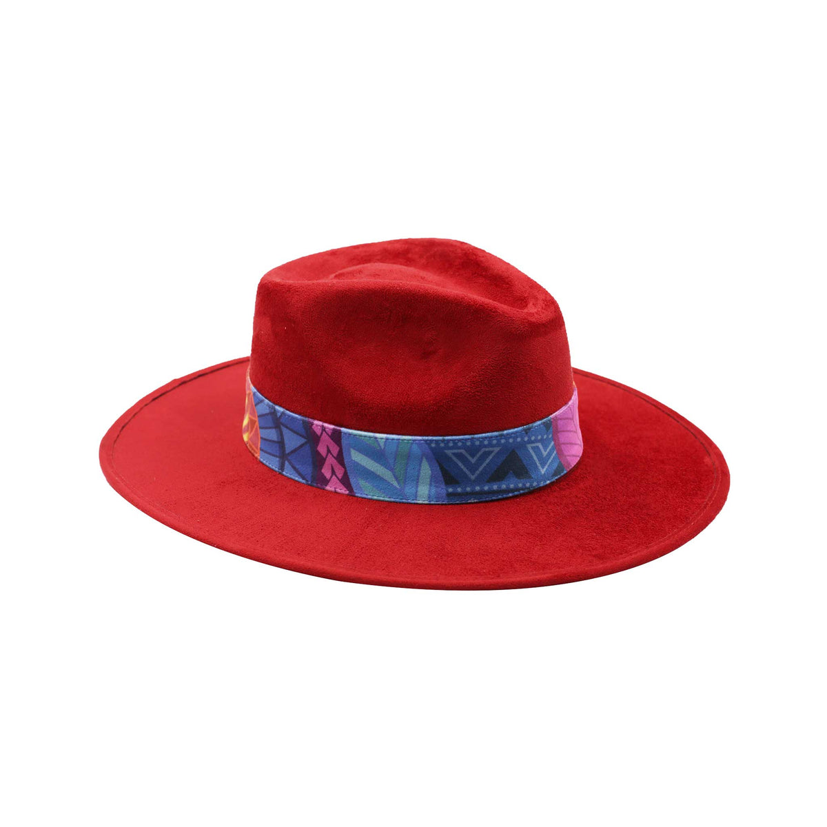 Ciemnoczerwony kapelusz Fedora z kolorową opaską i piórami