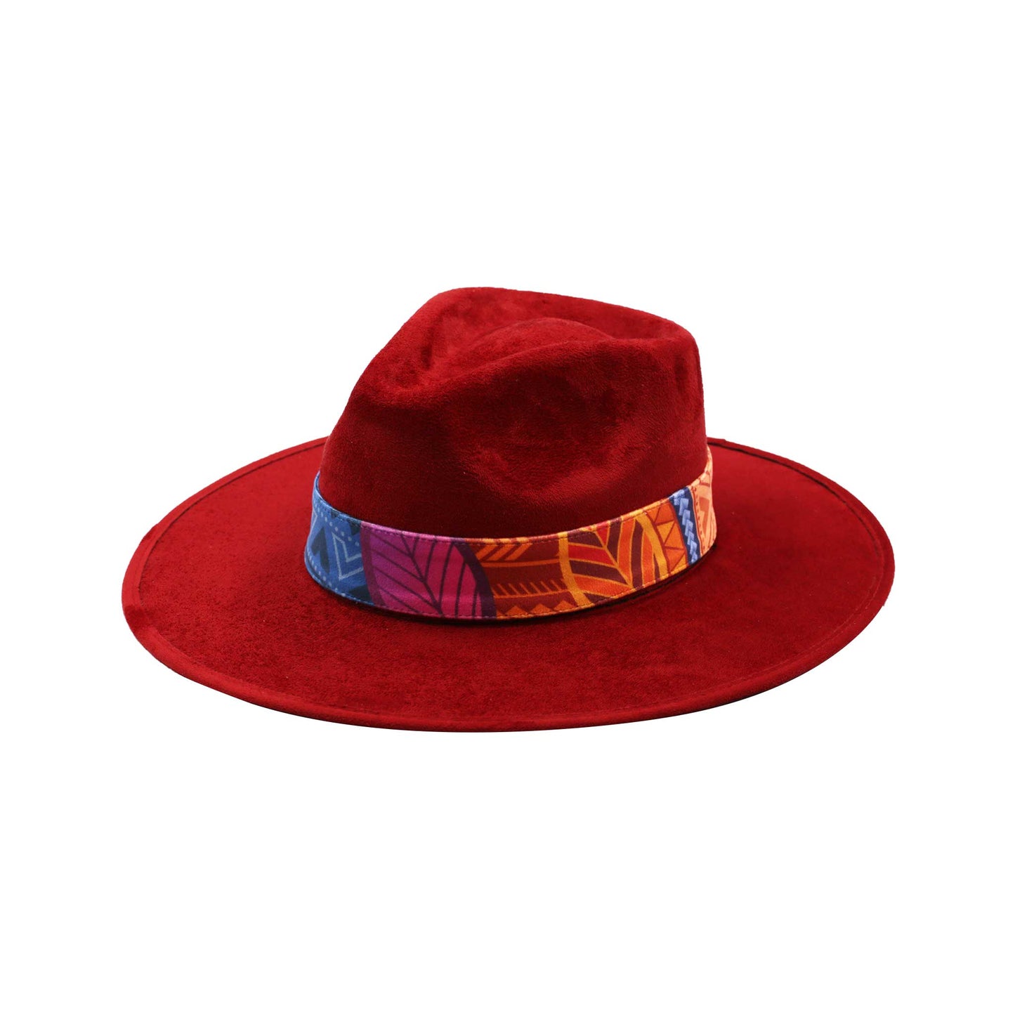 Ciemnoczerwony kapelusz Fedora z kolorową opaską i piórami
