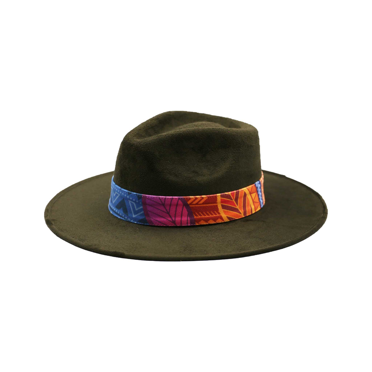 Ciemnozielony kapelusz Fedora z kolorową opaską i piórami - wzór 1