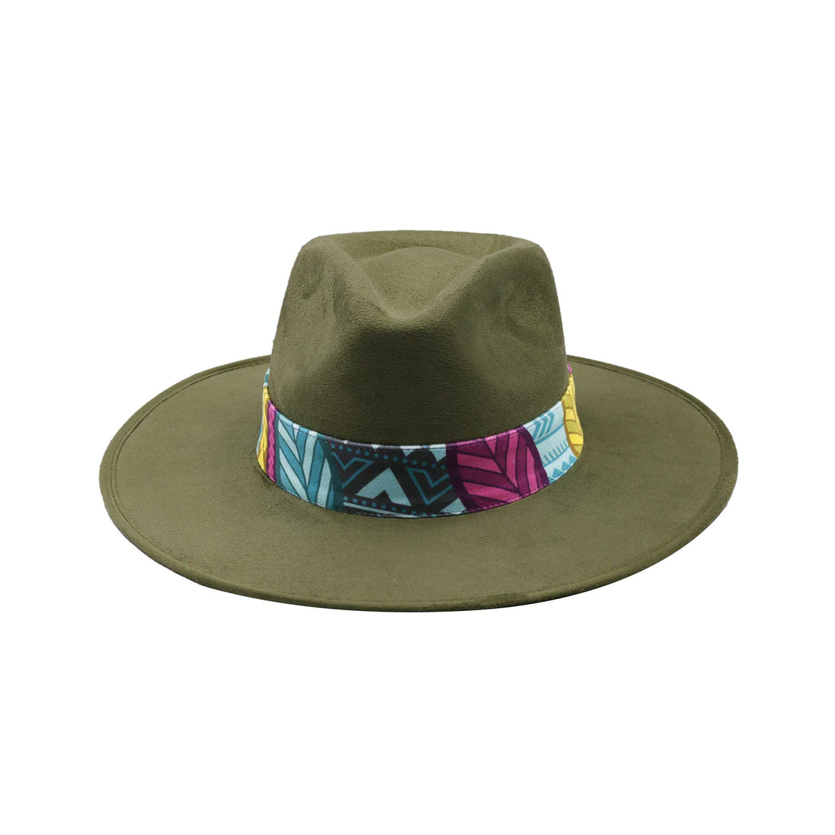 Green Fedora Hat with Bold Colorful Band and Feathers