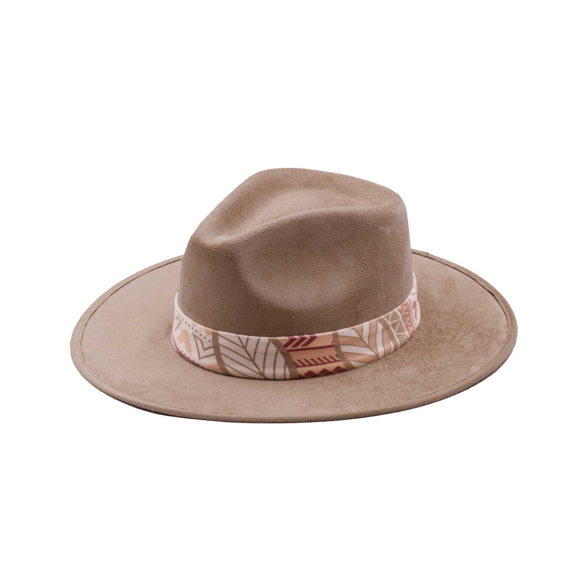Jasnobrązowy kapelusz Fedora z kolorową opaską i piórami