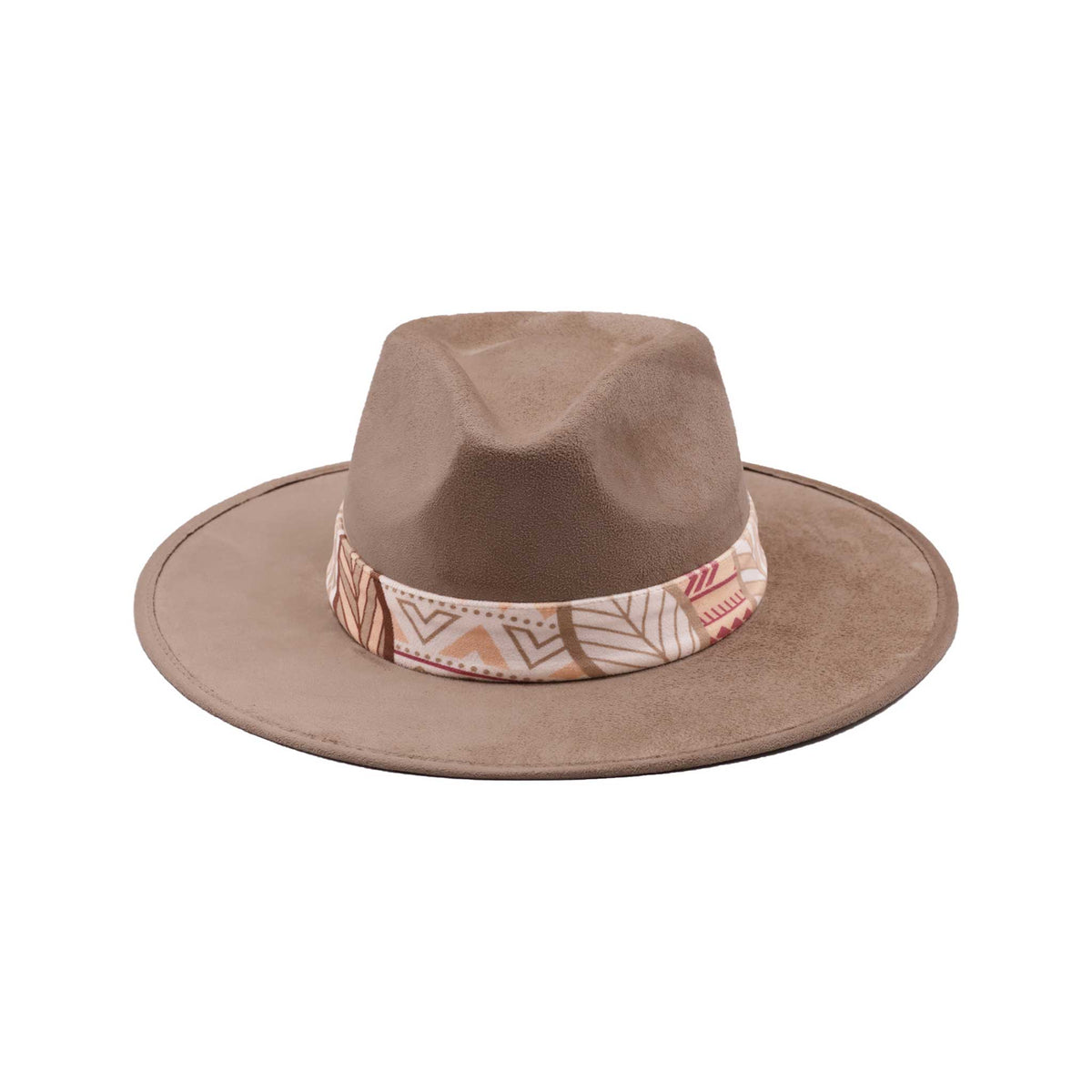 Jasnobrązowy kapelusz Fedora z kolorową opaską i piórami