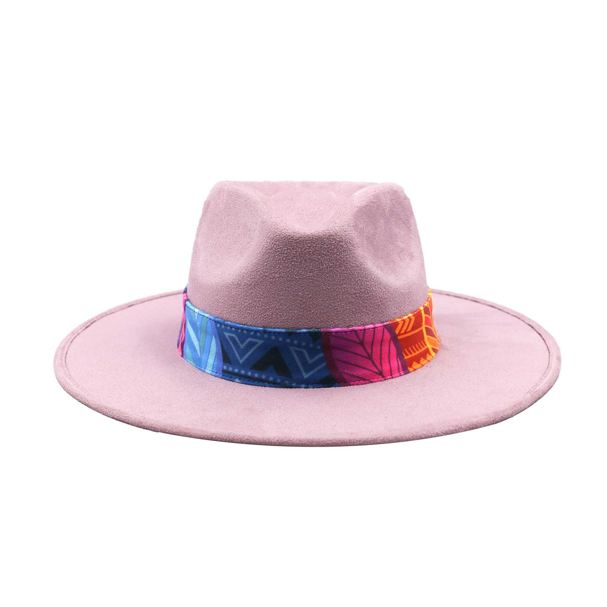 Light Pink Fedora Hat with Colorful Band and Feathers, Style 1