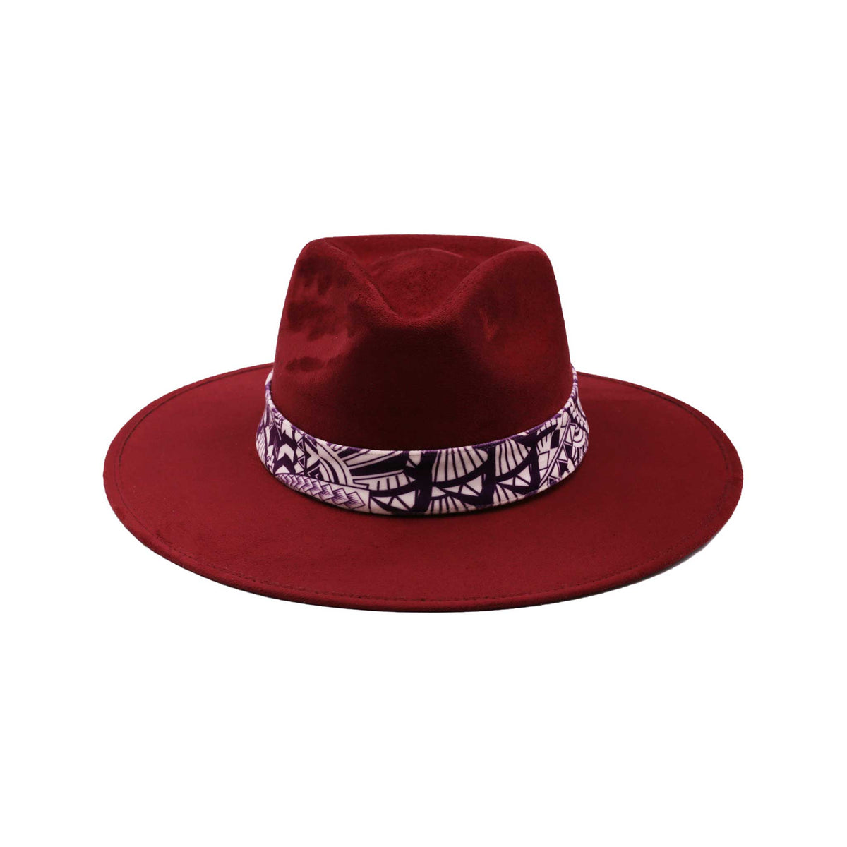 Bordowy kapelusz Fedora z kolorową opaską i piórami