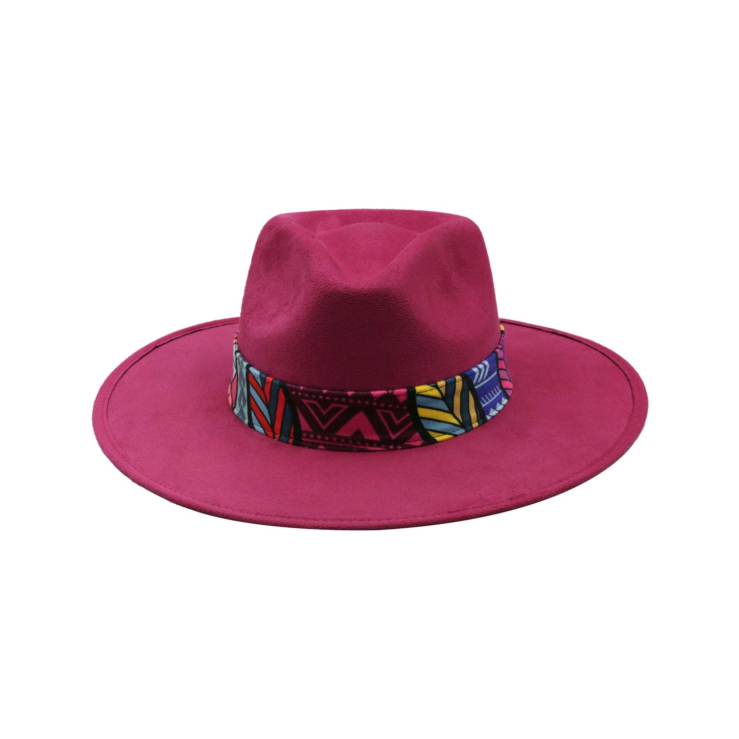 Ciemnoróżowy kapelusz Fedora z kolorową opaską i piórami