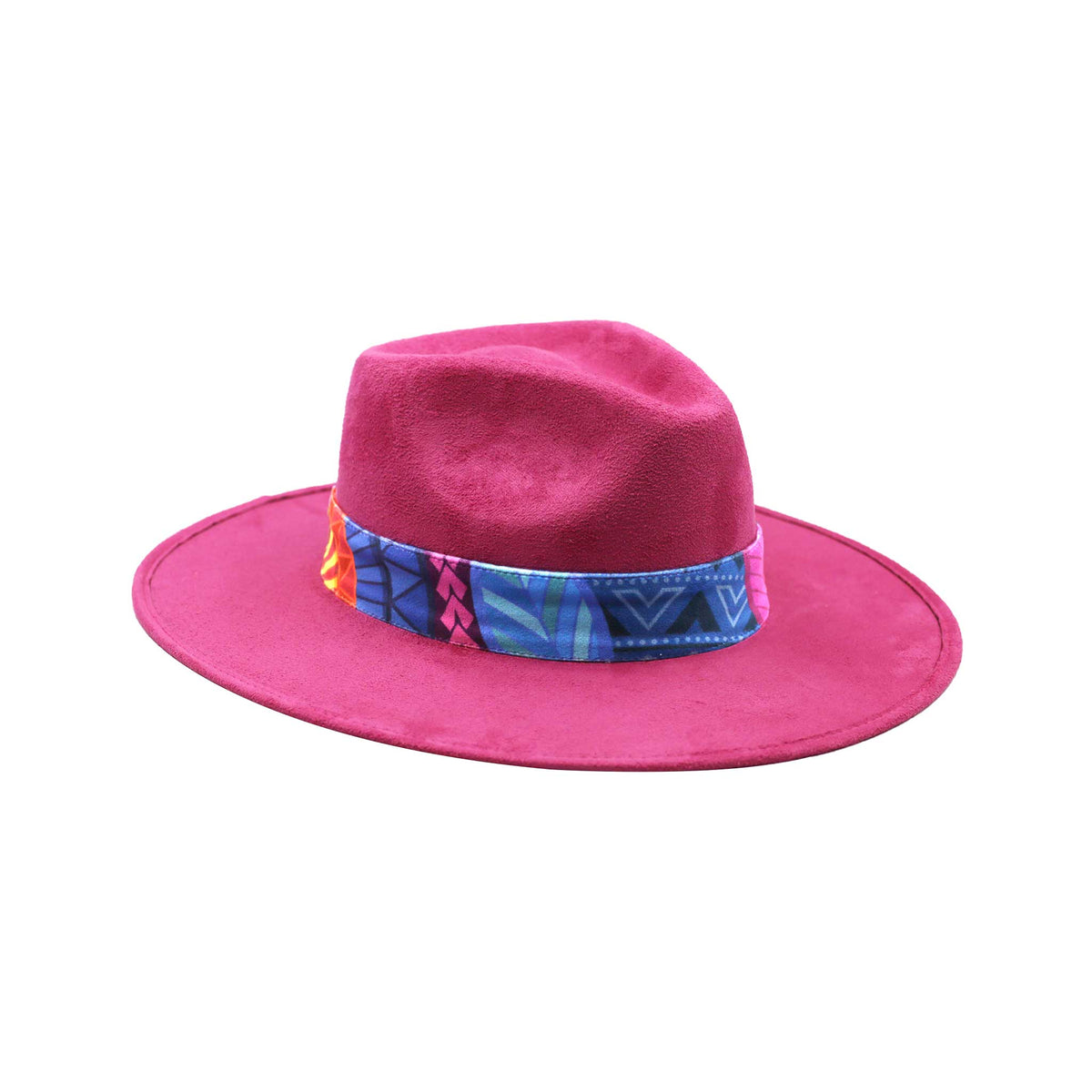 Pink Fedora Hat with Colorful Band and Feathers, Style 3