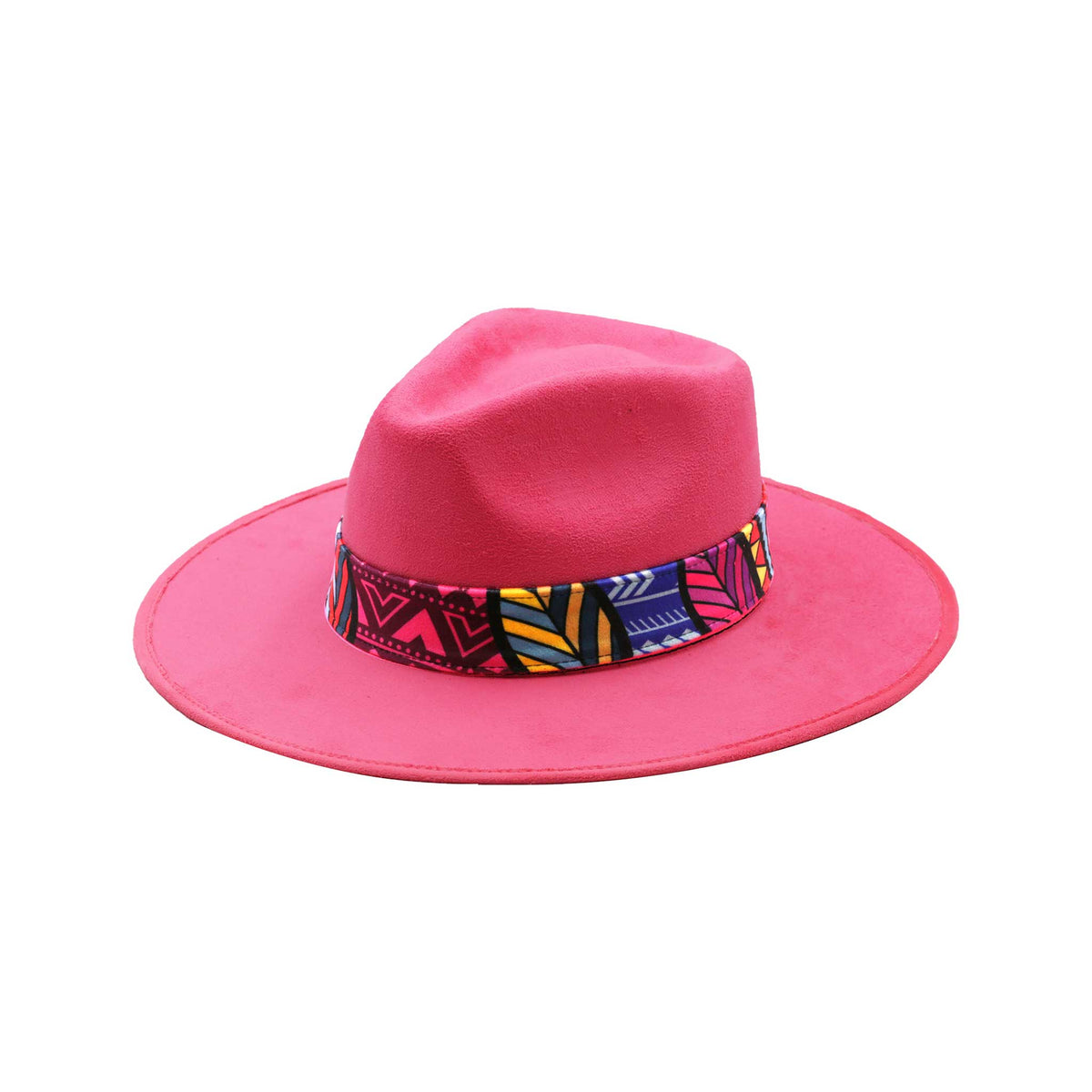 Różowy kapelusz Fedora z kolorową opaską i piórami - wzór 1