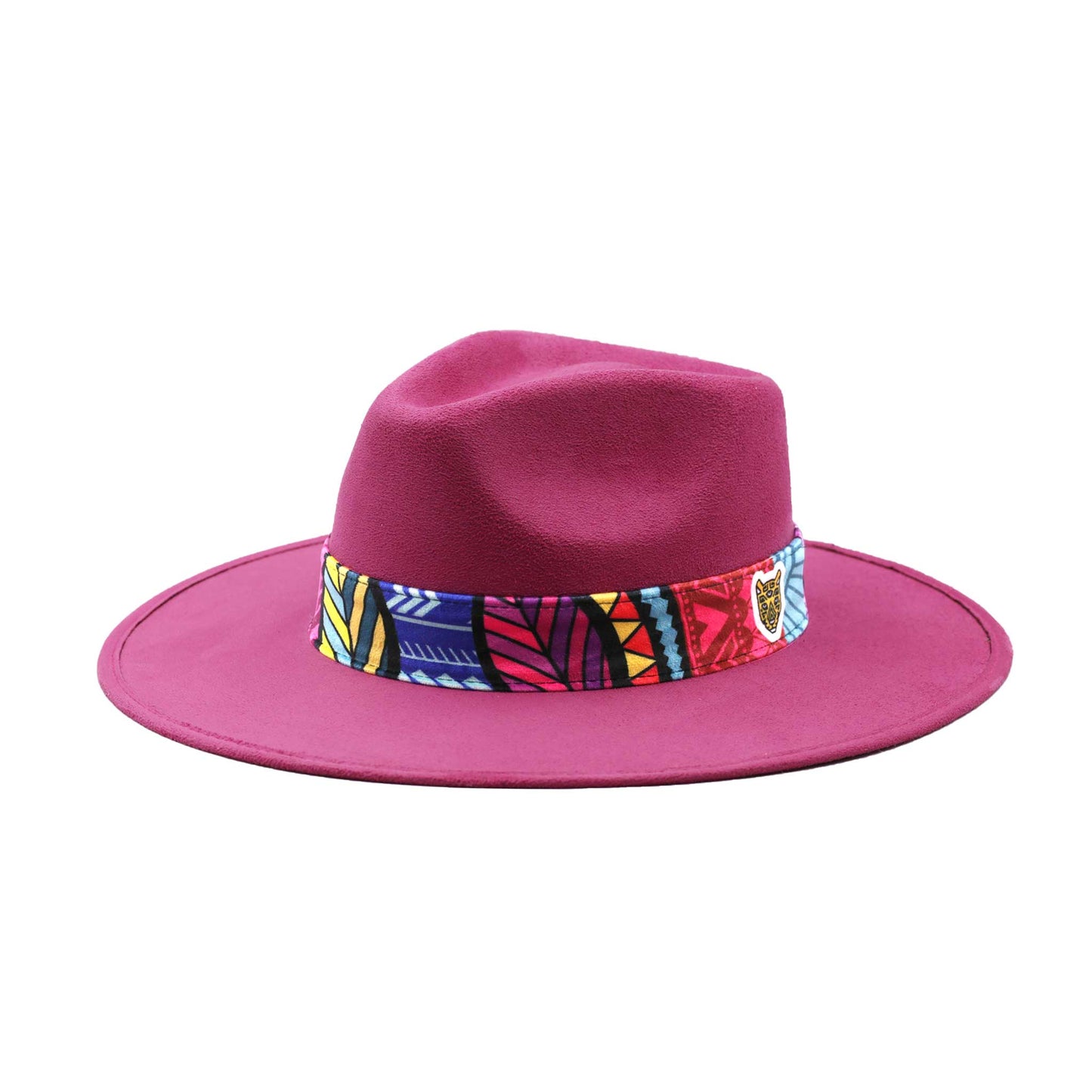 Różowy kapelusz Fedora z kolorową opaską i piórami - wzór 2