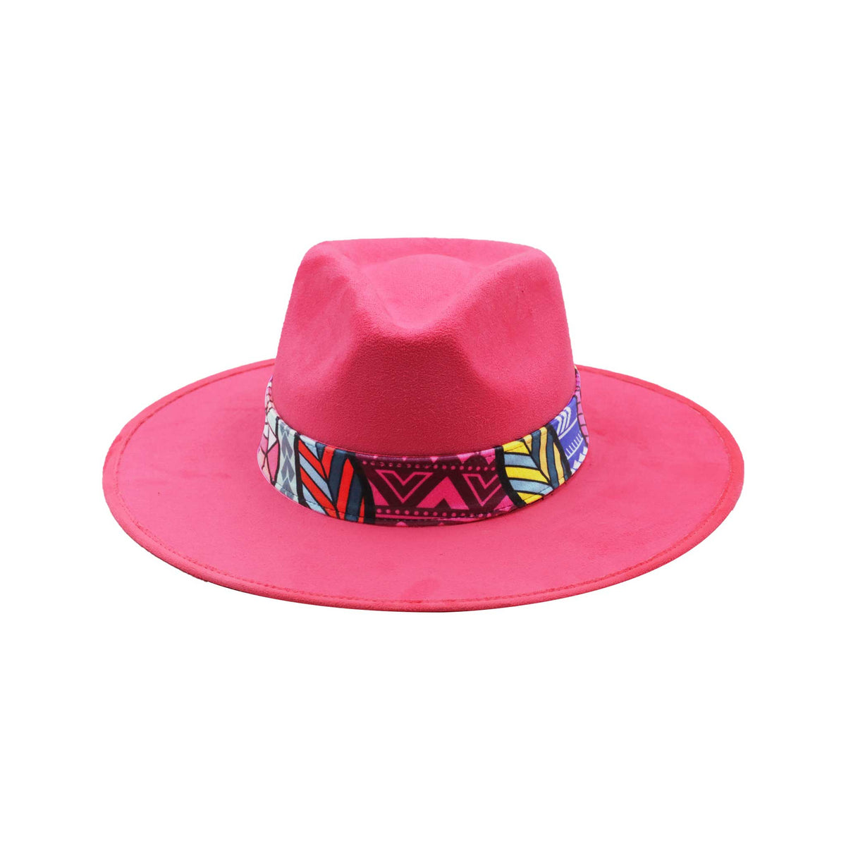 Różowy kapelusz Fedora z kolorową opaską i piórami - wzór 1