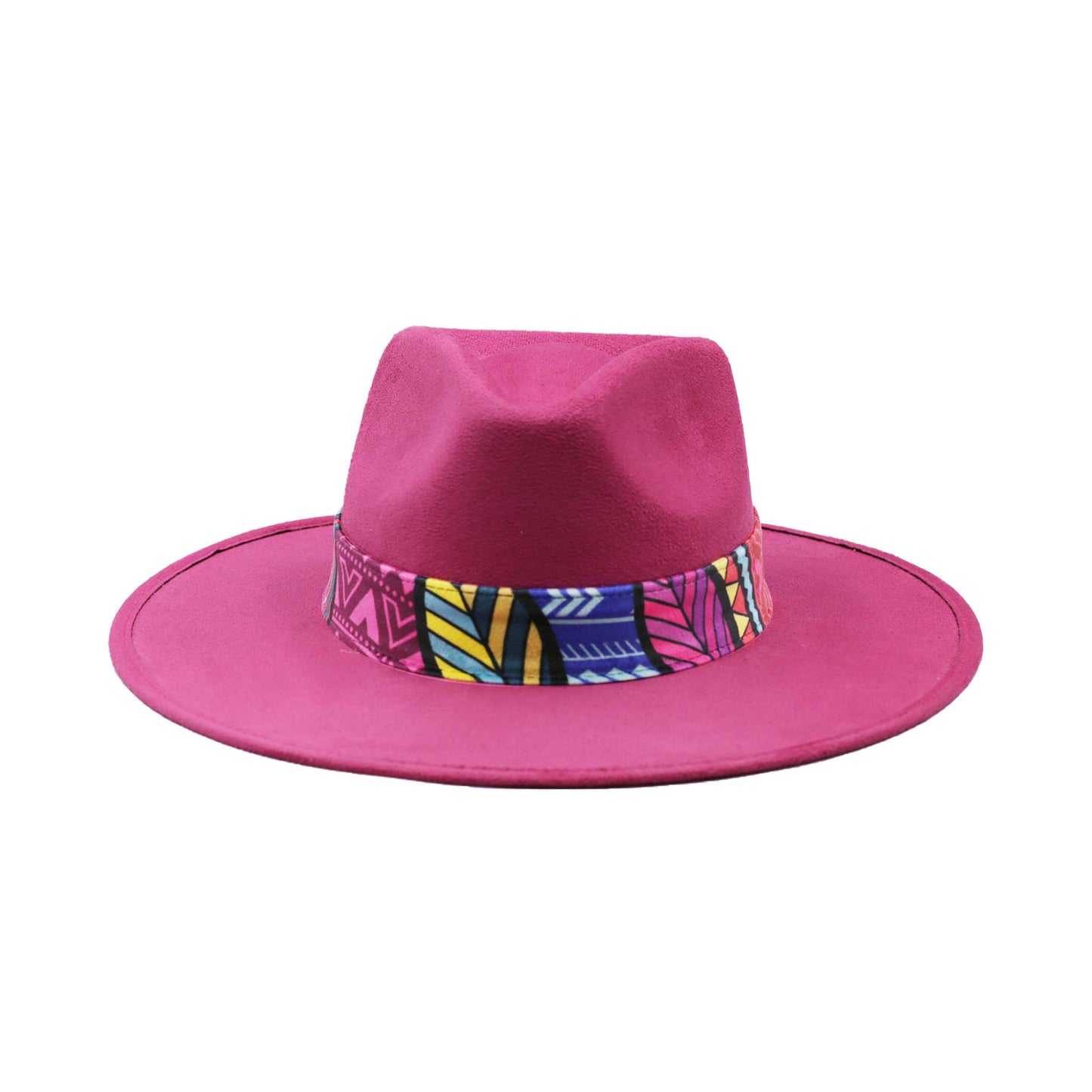 Różowy kapelusz Fedora z kolorową opaską i piórami - wzór 2