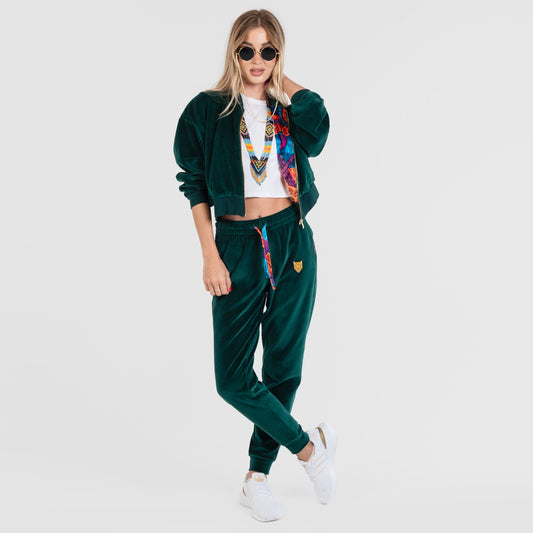 Ciemnozielony dres welurowy damski - komplet