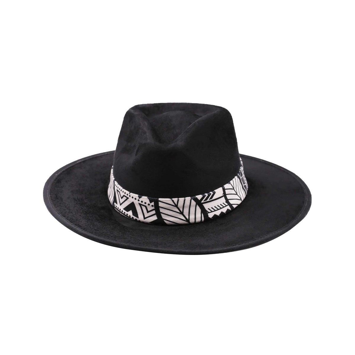 Black Vegan Suede Fedora Hat with Colorful Band and Feathers