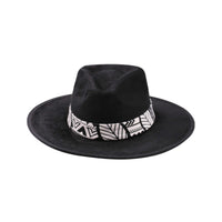 Black Vegan Suede Fedora Hat with Colorful Band and Feathers