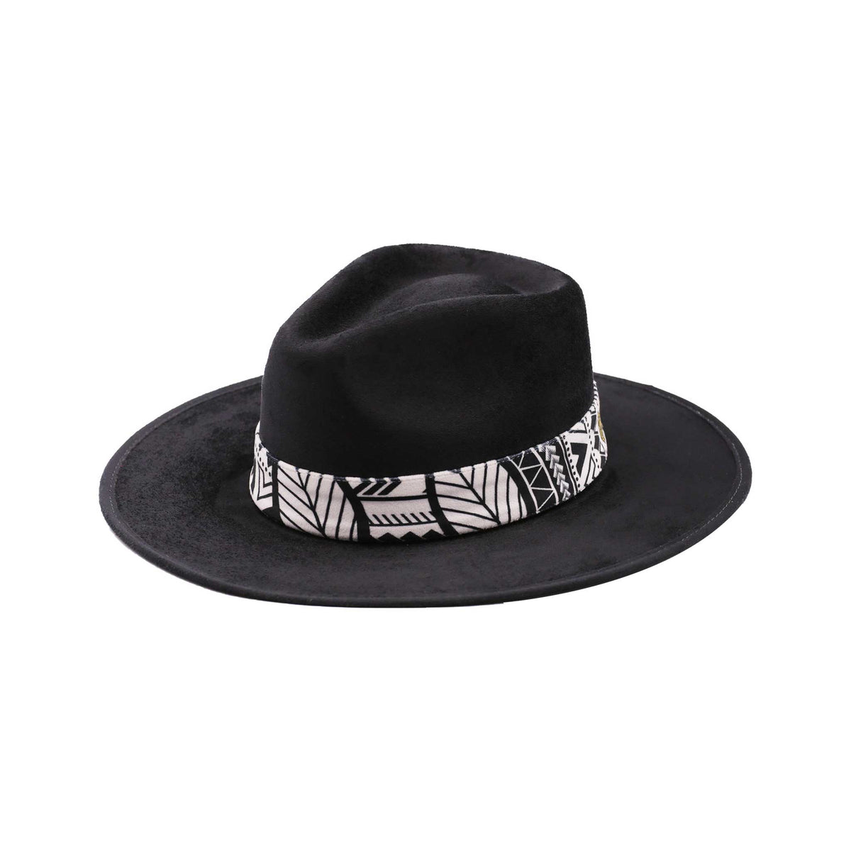 Black Vegan Suede Fedora Hat with Colorful Band and Feathers