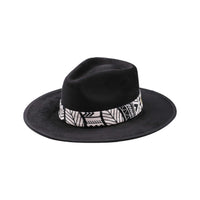 Black Vegan Suede Fedora Hat with Colorful Band and Feathers