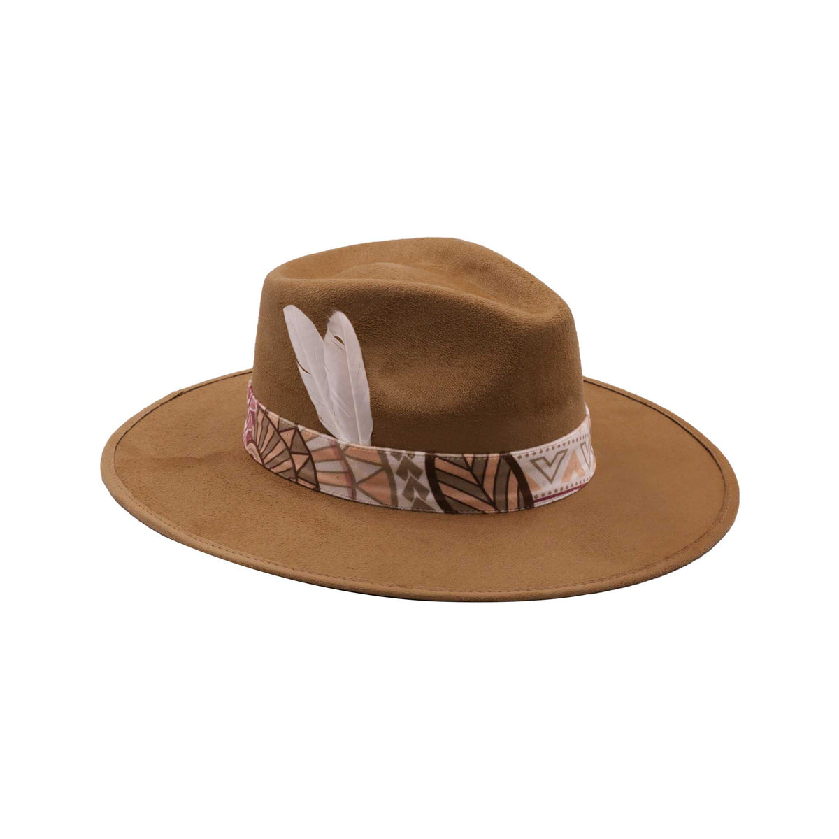 Brązowy kapelusz Fedora z kolorową opaską i piórami - wzór 2