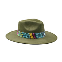 Green Fedora Hat with Bold Colorful Band and Feathers