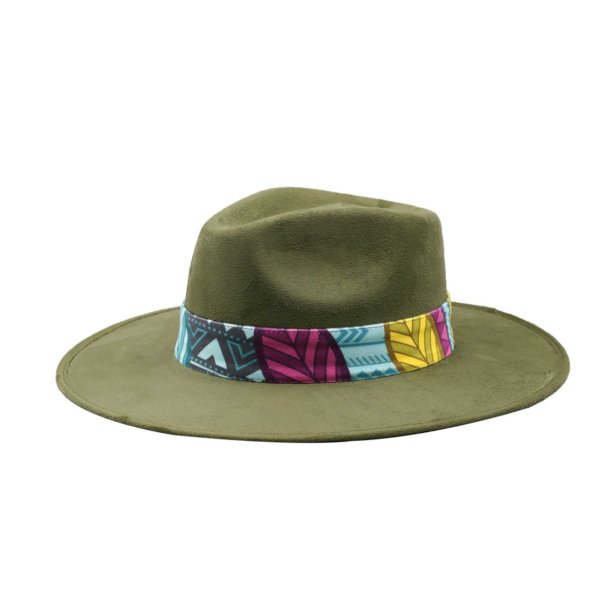 Green Fedora Hat with Bold Colorful Band and Feathers