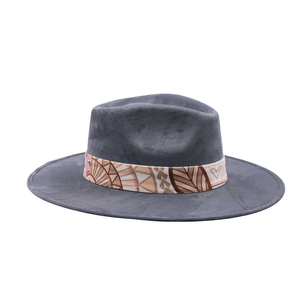 Szary kapelusz Fedora z kolorową opaską i piórami - wzór 2