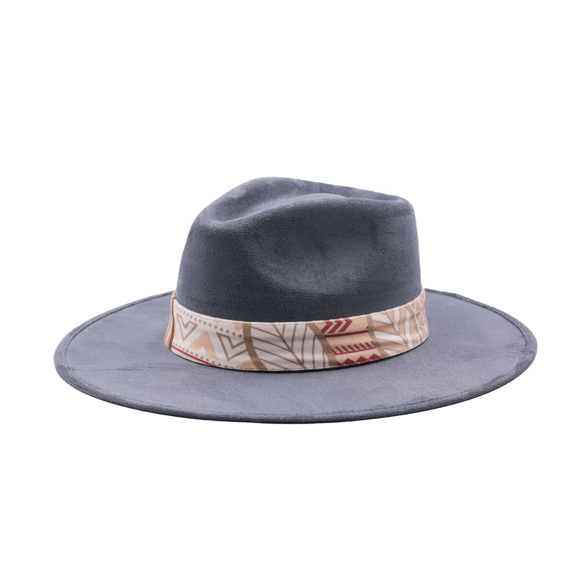 Szary kapelusz Fedora z kolorową opaską i piórami - wzór 2