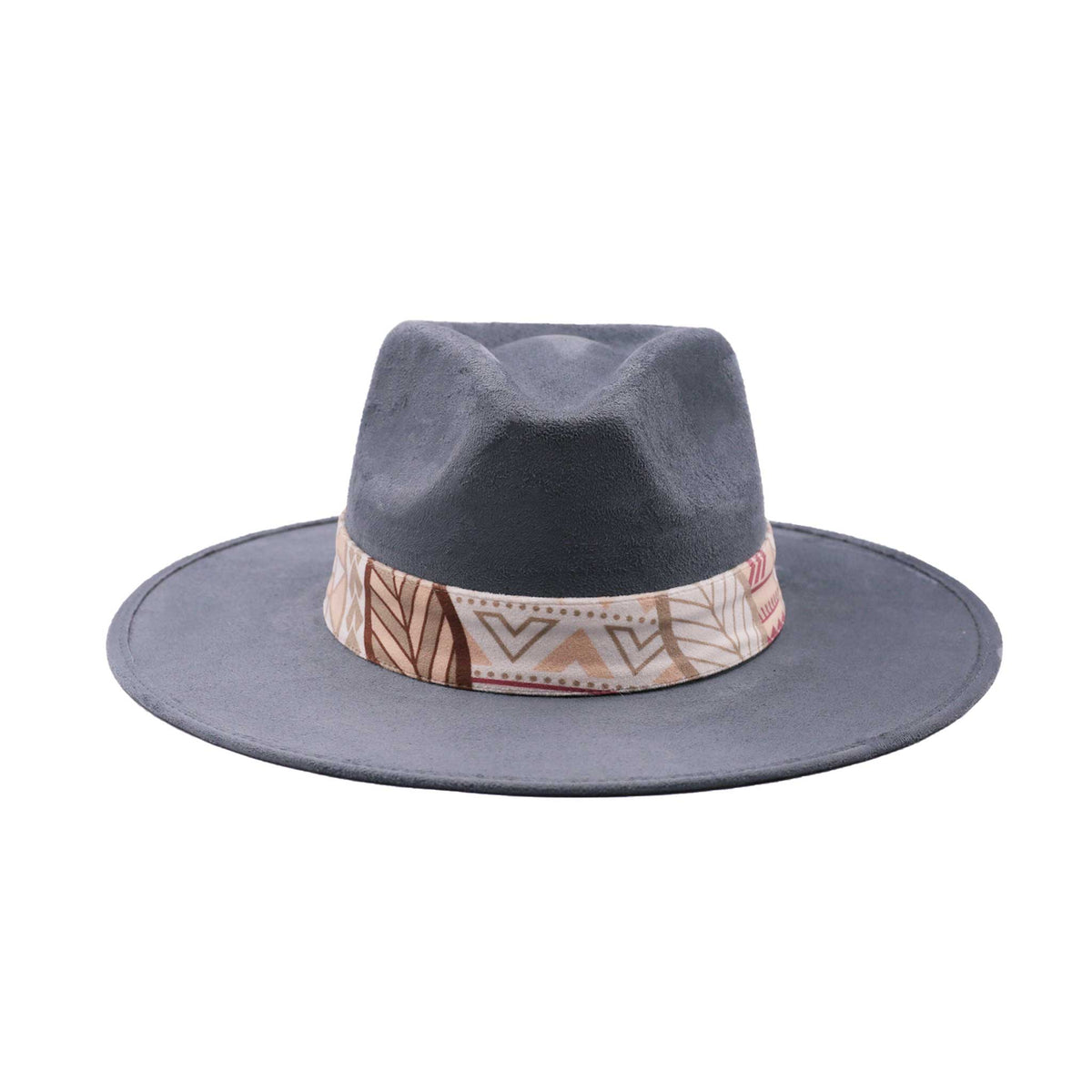 Szary kapelusz Fedora z kolorową opaską i piórami - wzór 2