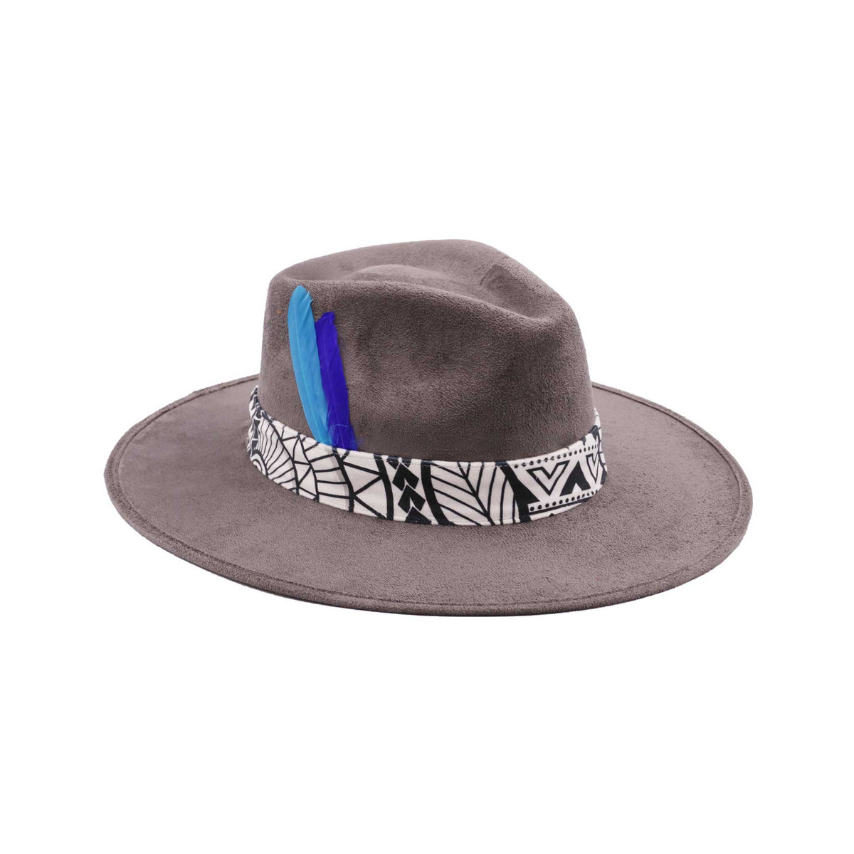 Szary kapelusz Fedora z czarno białą opaską i piórami