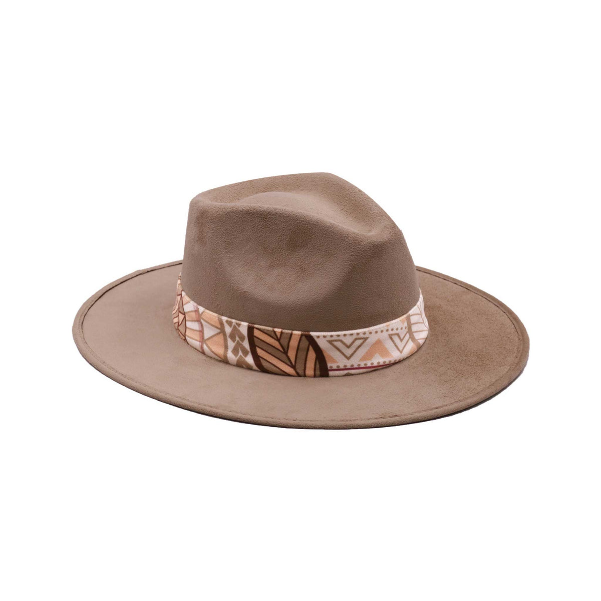 Jasnobrązowy kapelusz Fedora z kolorową opaską i piórami
