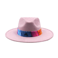 Light Pink Fedora Hat with Colorful Band and Feathers, Style 1