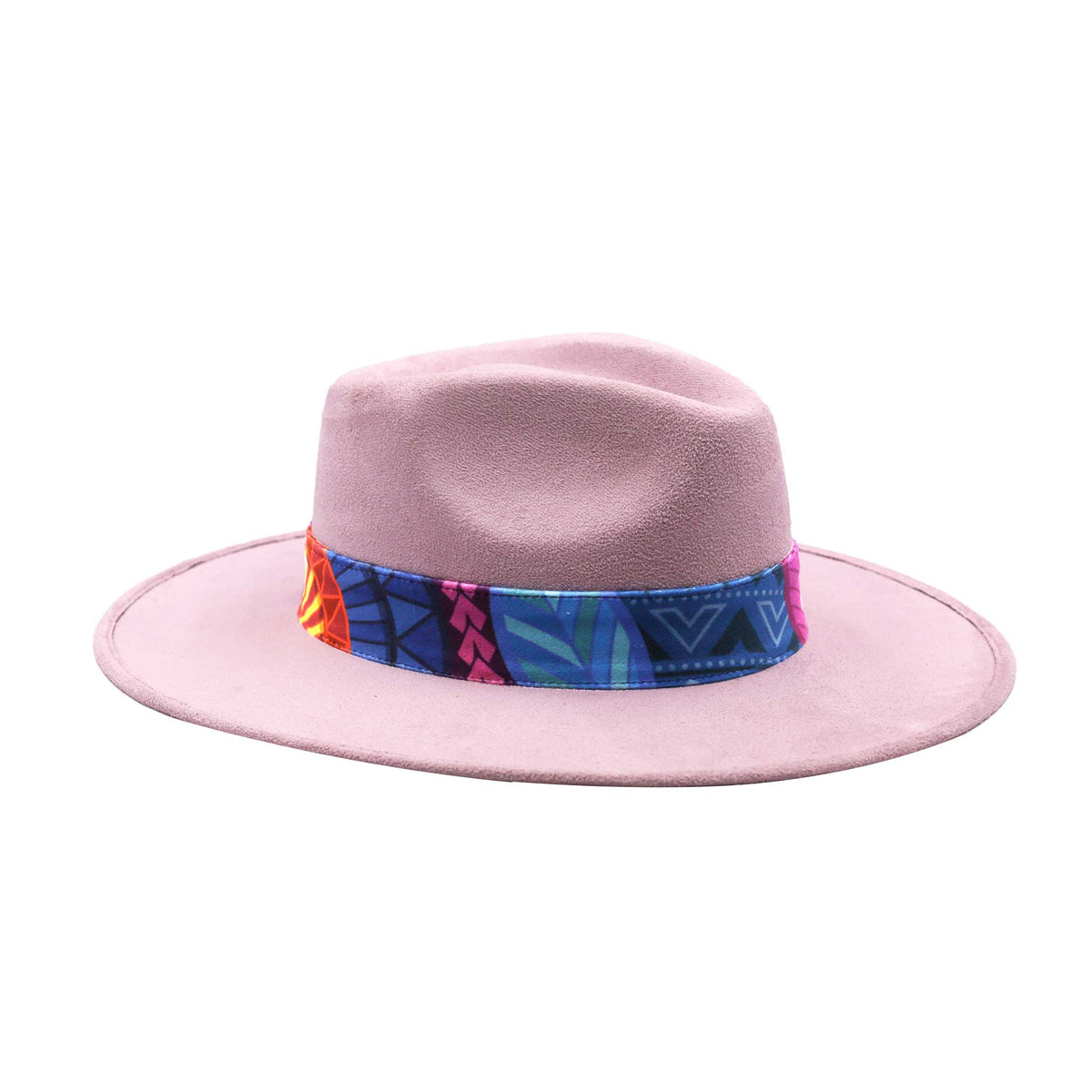 Light Pink Fedora Hat with Colorful Band and Feathers, Style 1