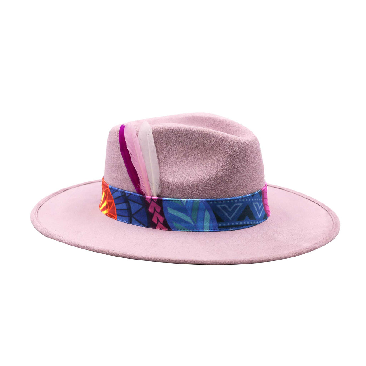 Light Pink Fedora Hat with Colorful Band and Feathers, Style 1