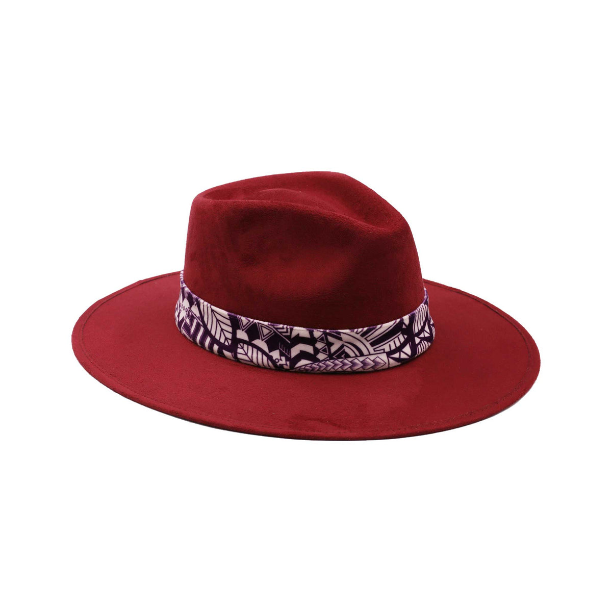 Bordowy kapelusz Fedora z kolorową opaską i piórami