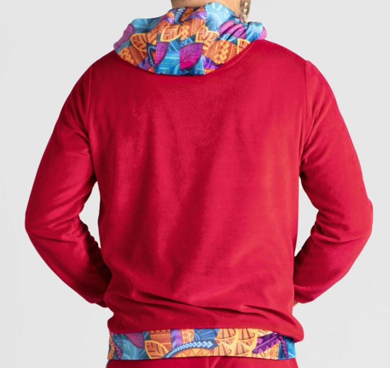 Red Artistic Velour Hoodie Mens Stylish Outfit by AWAKEN ART