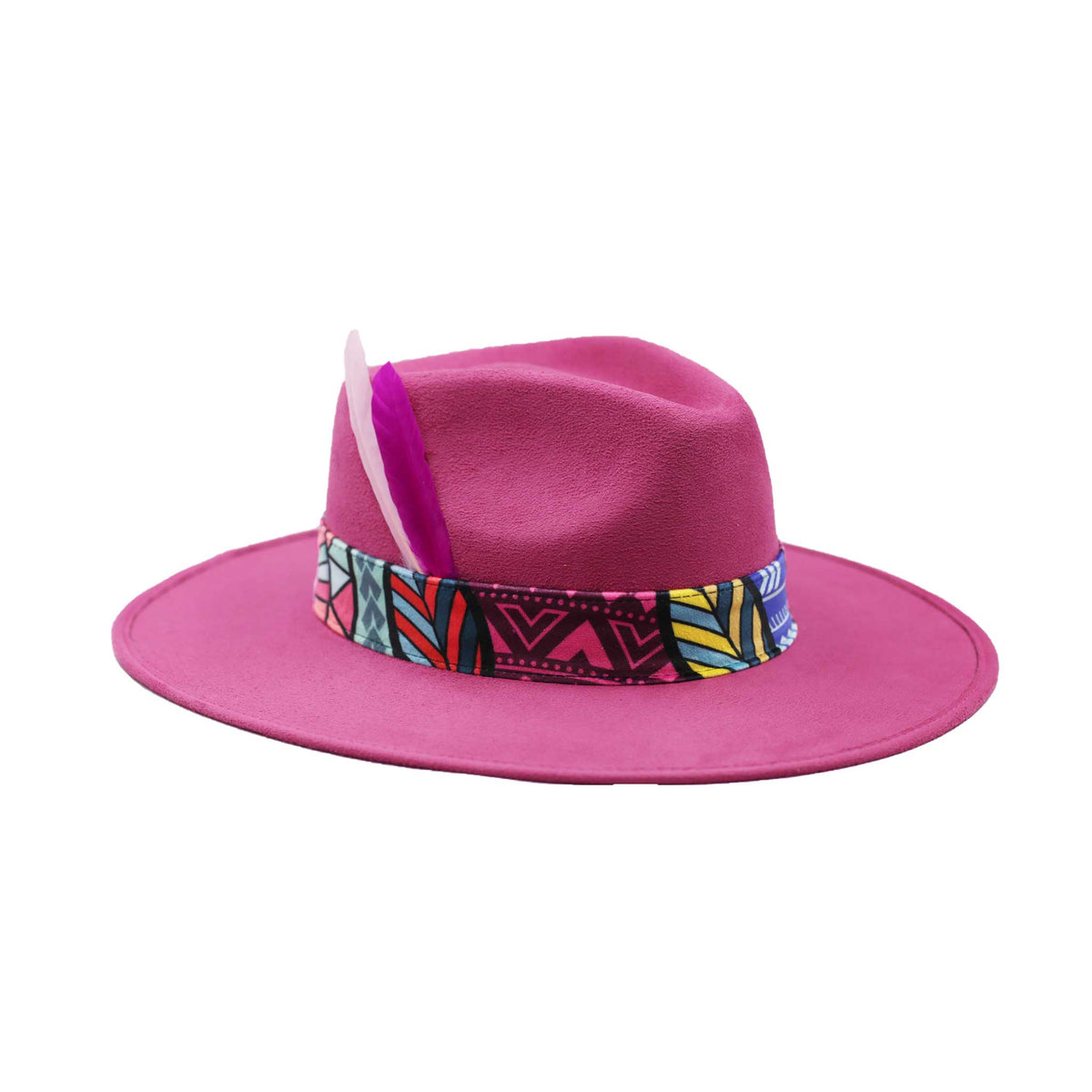 Pink Fedora Hat with Colorful Band and Feathers, Style 2