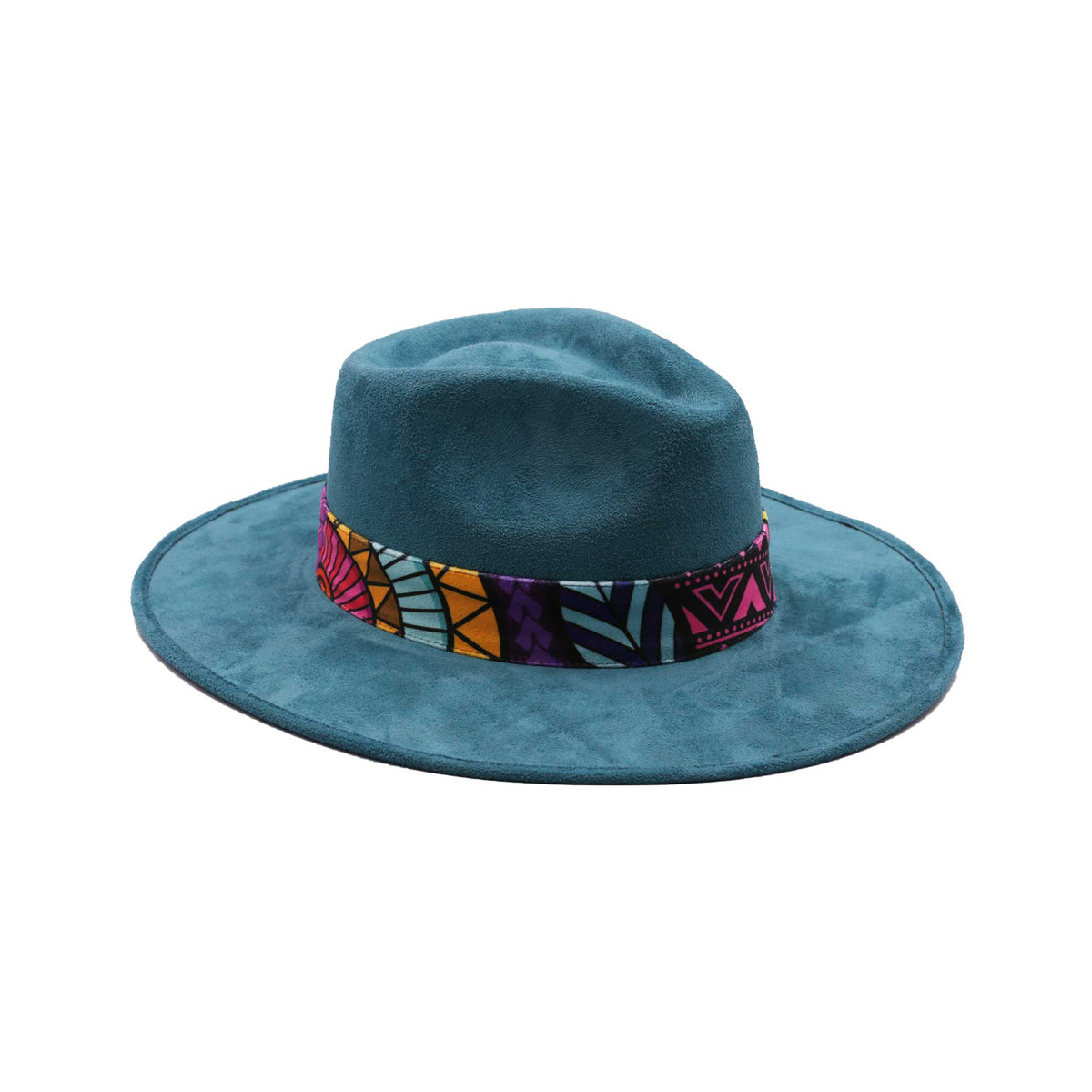 Turquoise Fedora Hat with Colorful Band and Feathers