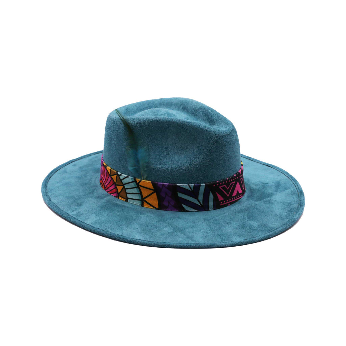 Turquoise Fedora Hat with Colorful Band and Feathers