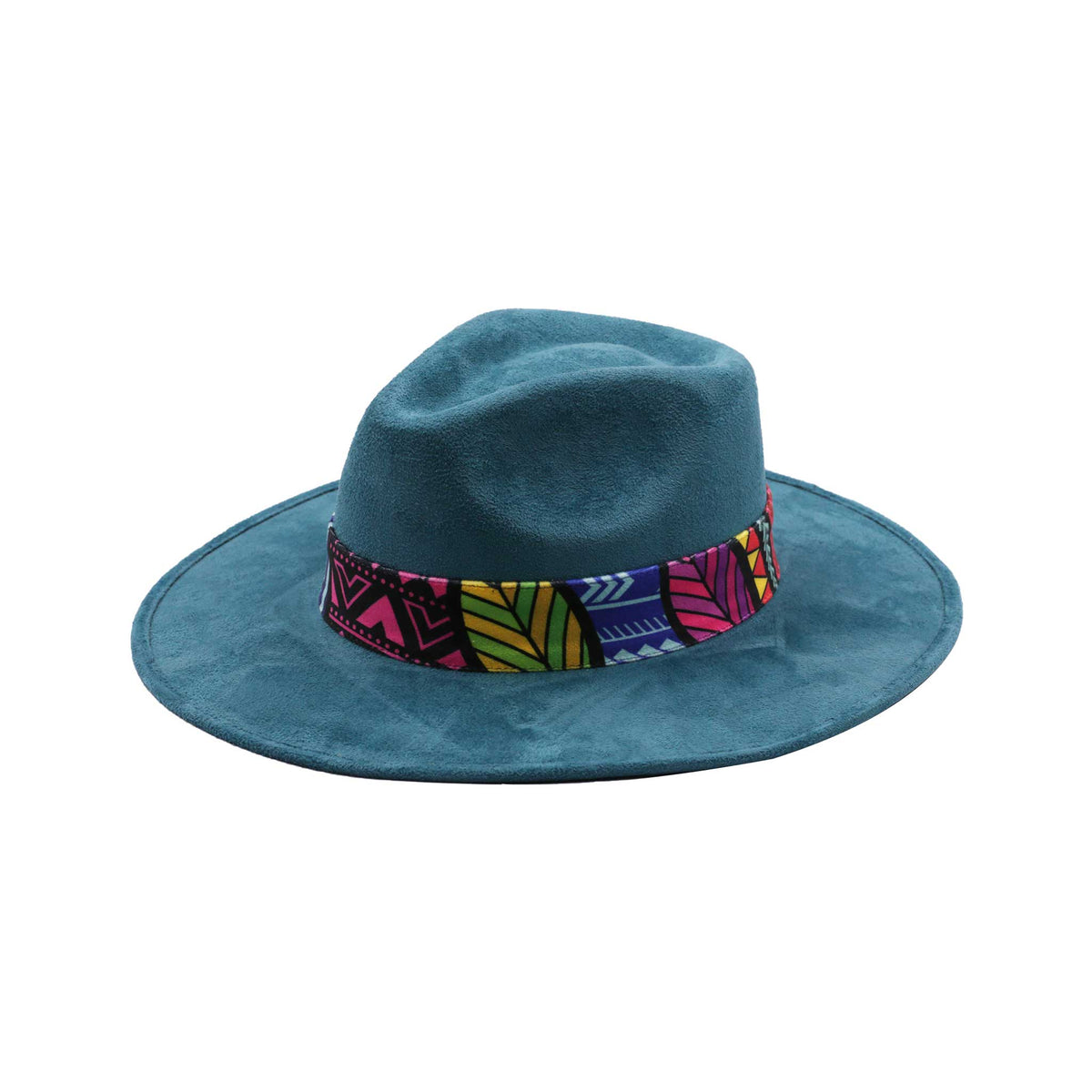 Turquoise Fedora Hat with Colorful Band and Feathers
